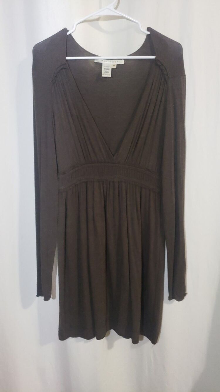 Max Studio Women's Medium Y2K Babydoll V Neck Empire Waist Brown Tunic Dress